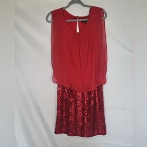Scarlett Womens 14 Geometric Red Sequin & Chiffon Blouson Dress